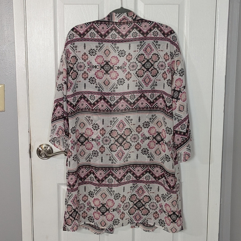 Wallflower Sheer Geometric Floral Print Bohemian Open Front Kimono Top Size L - Picture 3 of 6